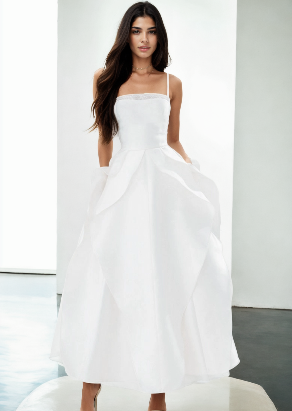 Isadora spaghetti strap dress with lace trim, flared silhouette