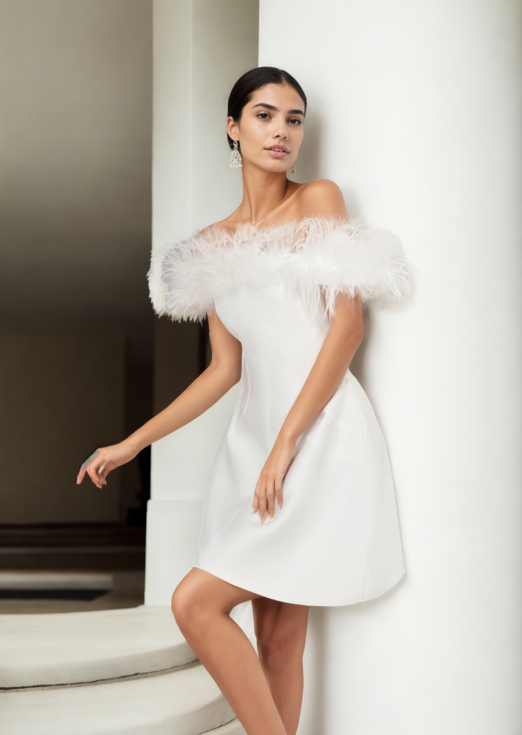Lillian A short flared dress with feathered off-shoulder straps