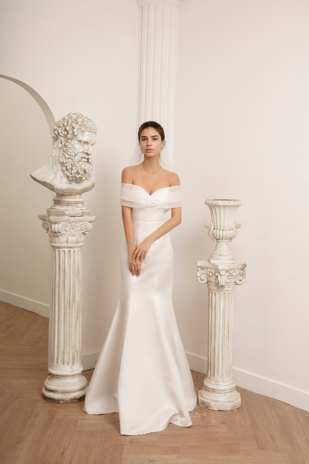 Off-shoulder mermaid wedding dress with chiffon trim