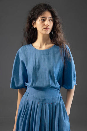Puff sleeve pleated cotton dress
