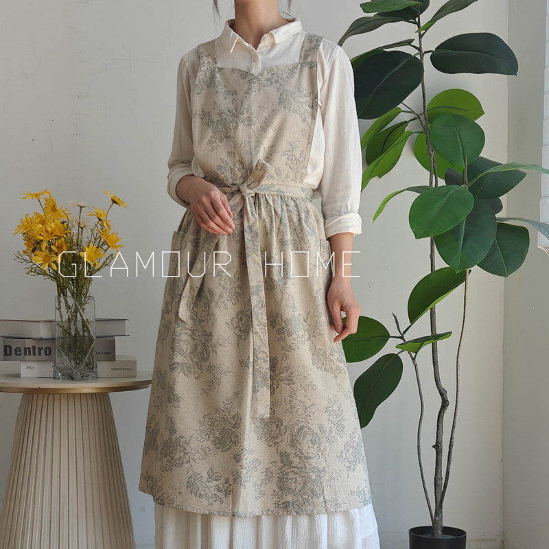 French Linen Suspender Apron, Floral Waterproof Kitchen Wraparound