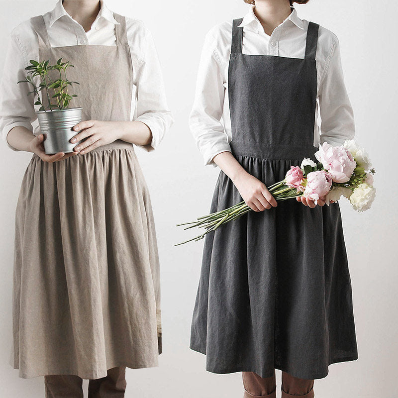 Korean Cotton Linen Pleated Apron, French Vintage Florist Kitchen Workwear
