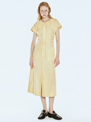Light goose midi dress with cinched waist and pleats