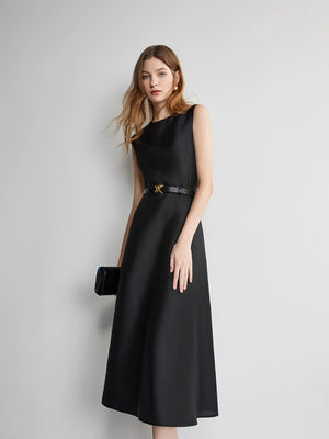 Elegant formal black dress with waist belt
