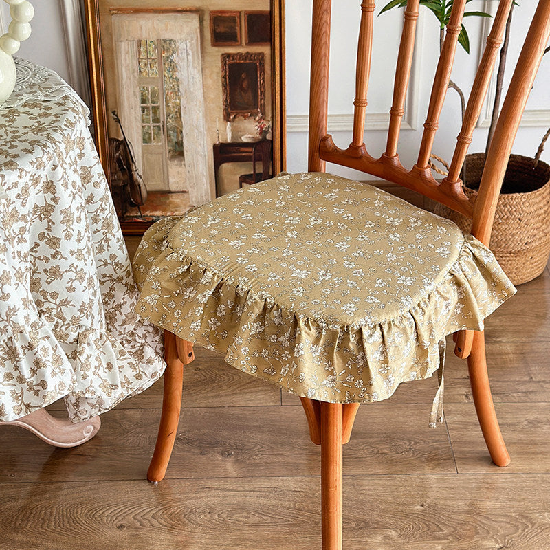 French Vintage Ruffled Strap Chair Cushion, Removable Floral Seat Pad