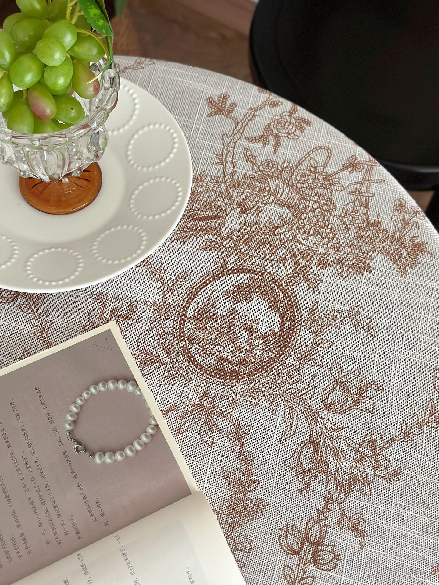 Mocha Lace Tablecloth, French Floral Cotton Dining Table Cover