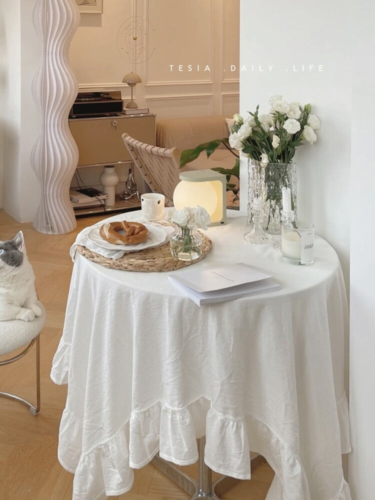 Nordic White Cotton Linen Tablecloth, Vintage Ruffle Dining Cover