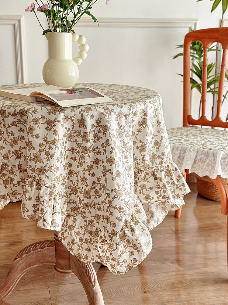 Pastoral Floral Tablecloth, French Vintage Ruffle Dining Cover
