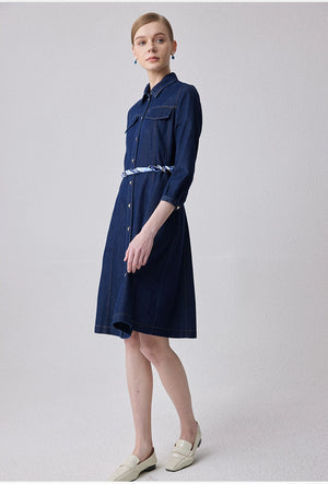 Back view of A-line denim dress with scarf belt