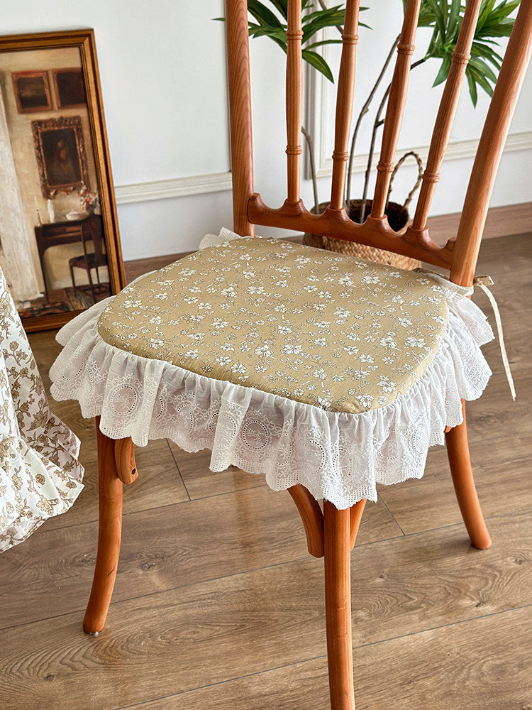 French Vintage Ruffled Strap Chair Cushion, Removable Floral Seat Pad