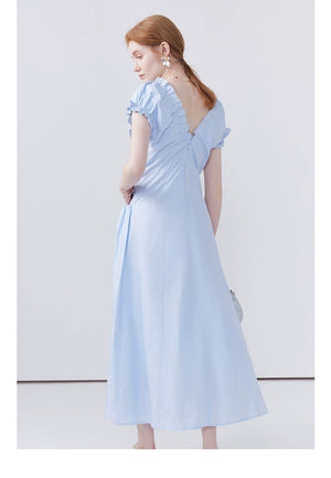 Elegant baby blue ruffled V-neck midi dress with puff sleeves