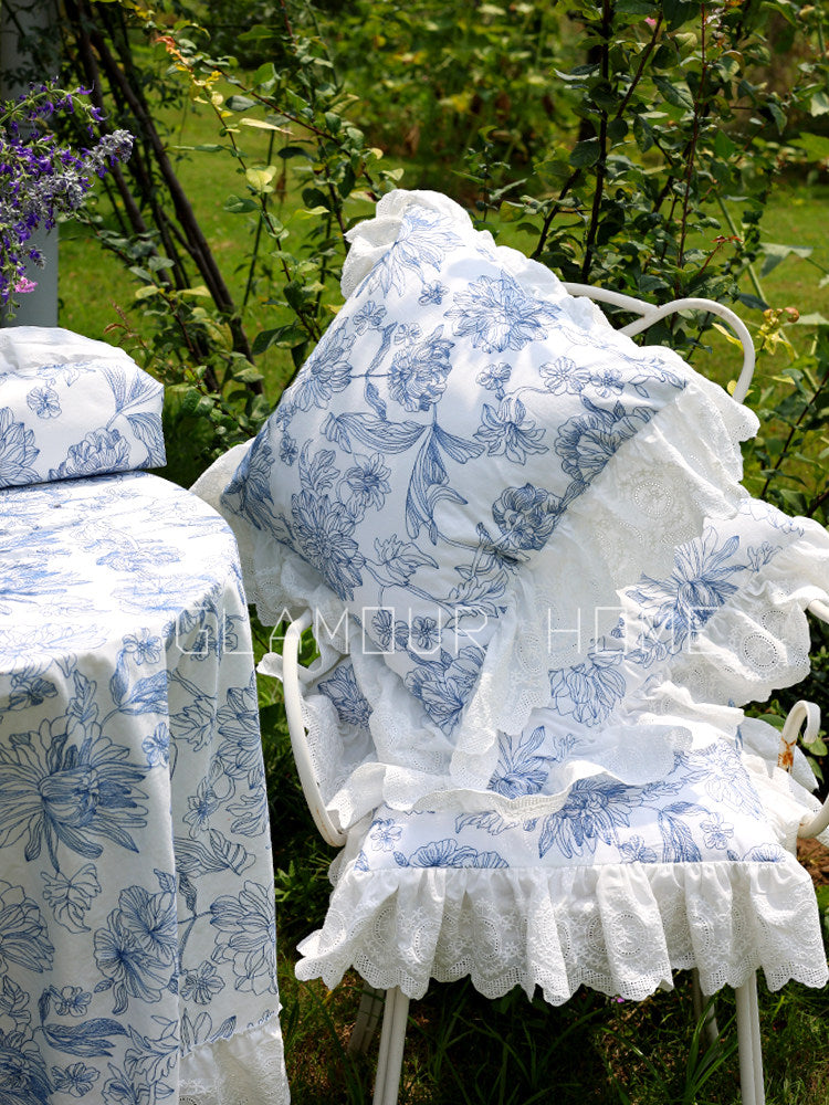 Double-Sided French Embroidered Lumbar Pillow, Extended Ruffle Cushion
