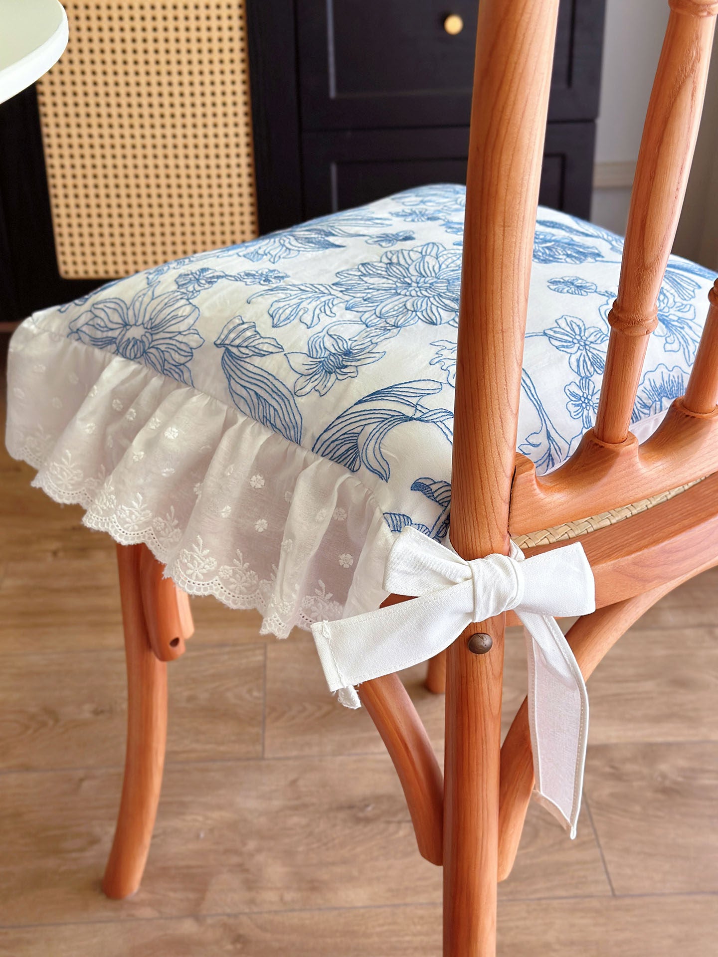 French Embroidered Lace Chair Cushion, Cotton Linen Dining Seat Pad