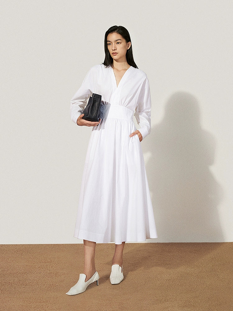Front view of white cotton poplin V-neck midi dress