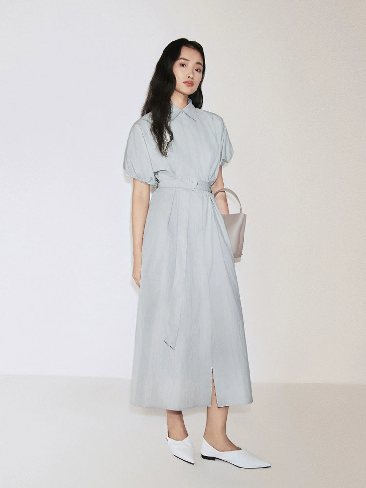 Elegant shirt-style long dress with belt