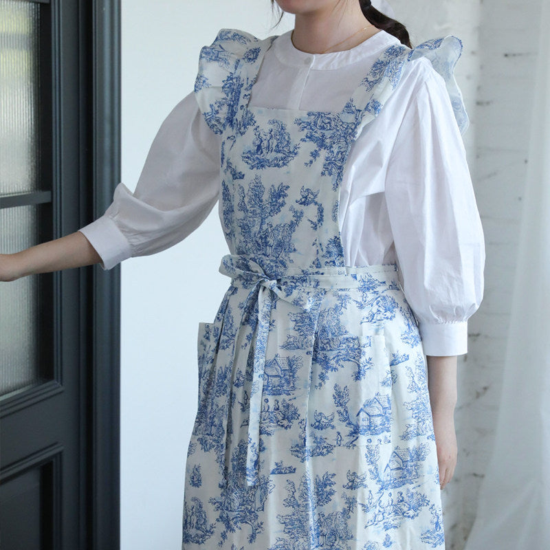 French Water-Repellent Floral Apron, Cotton Ruffle Kitchen Workwear