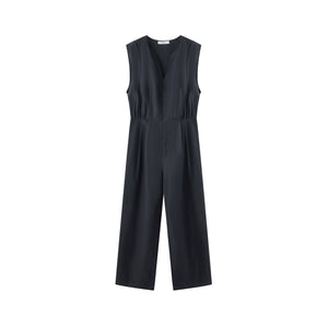 Navy sleeveless linen jumpsuit with V-neck and wide legs
