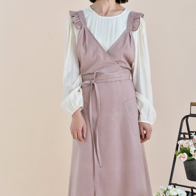 French Water-Repellent V-Neck Apron, High-Waist Floral Ruffle Workwear