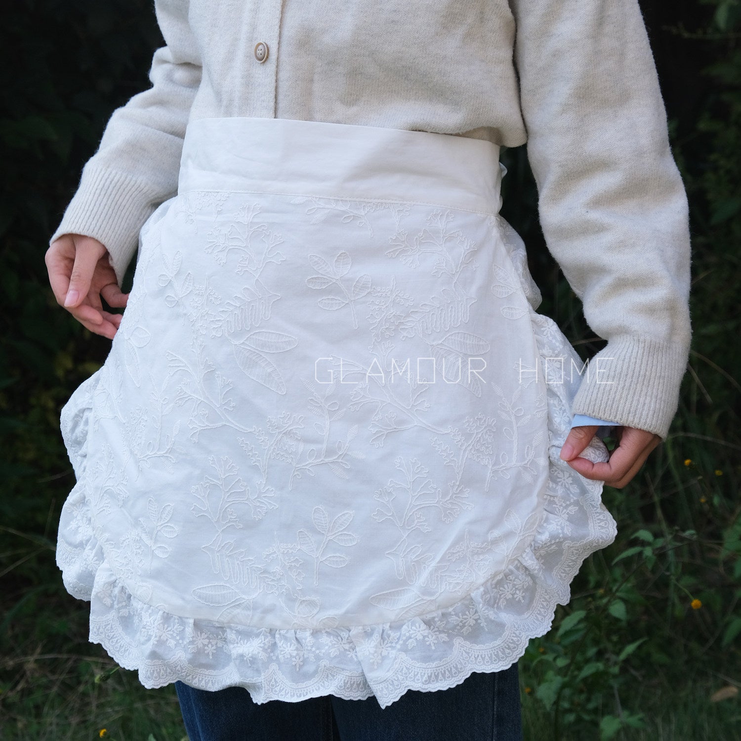 French Cotton Embroidered Half Apron, Waterproof Vintage Floral Skirt