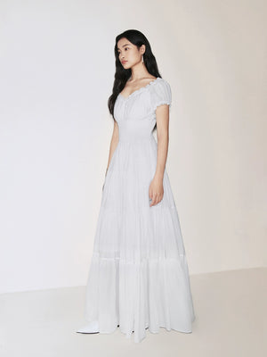 White puff sleeve maxi dress with ruffle hem