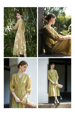 Vintage-inspired puff sleeve midi with tie waist