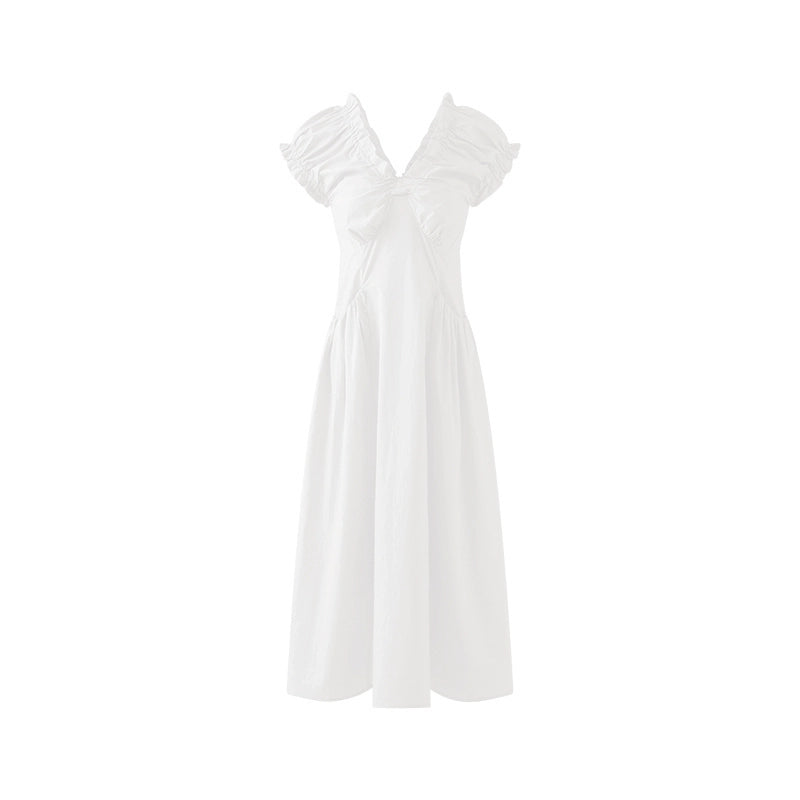 Ruffled V-Neck Sleeveless Dress – Women's Elegant Design with Cinched Waist, Long Silhouette