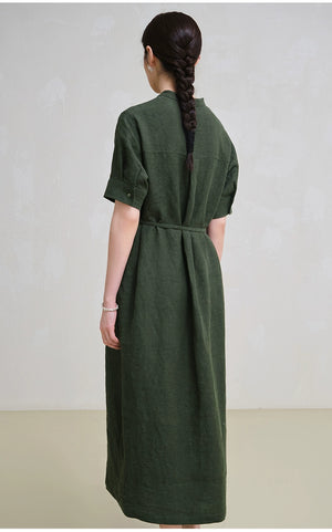 Linen summer dress styled with sandals and minimalist jewelry