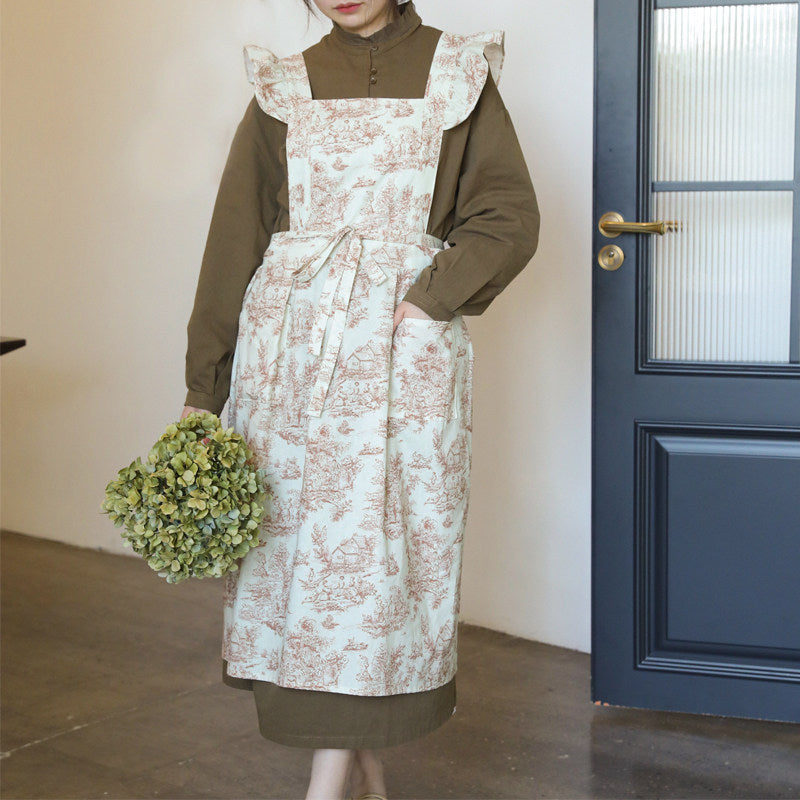 French Water-Repellent Floral Apron, Cotton Ruffle Kitchen Workwear