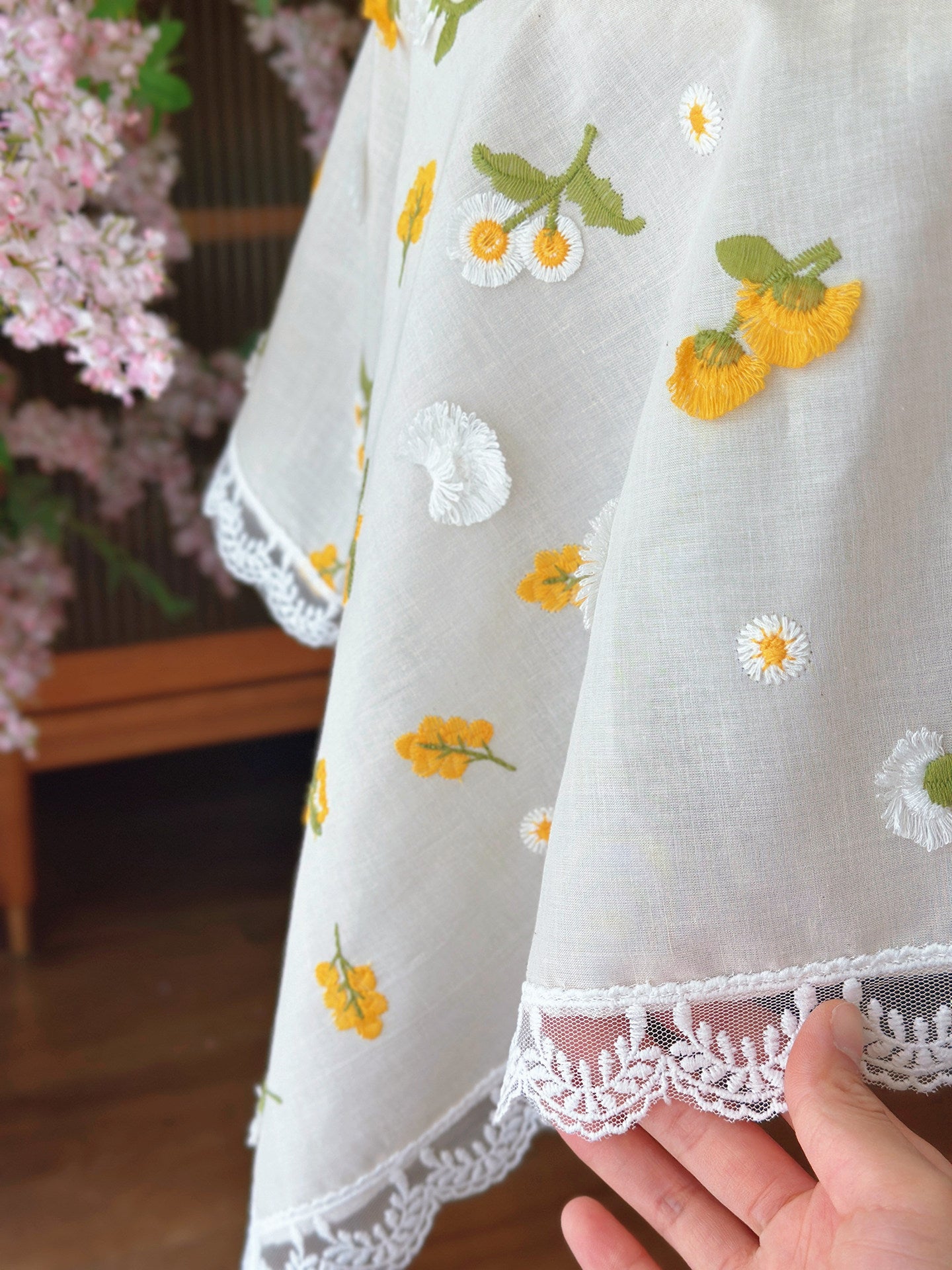 Small Daisy Embroidered Tablecloth, French Floral Cotton Table Cover