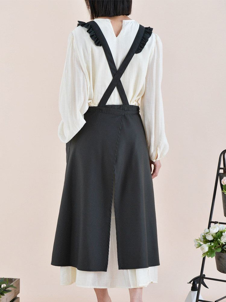 French Water-Repellent V-Neck Apron, High-Waist Floral Ruffle Workwear