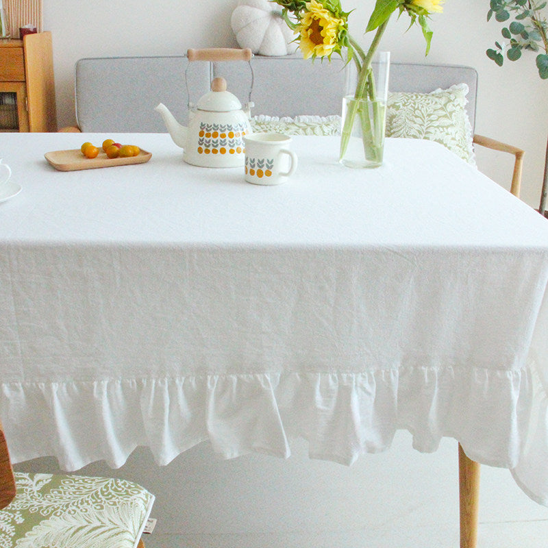 Nordic White Cotton Linen Tablecloth, Vintage Ruffle Dining Cover