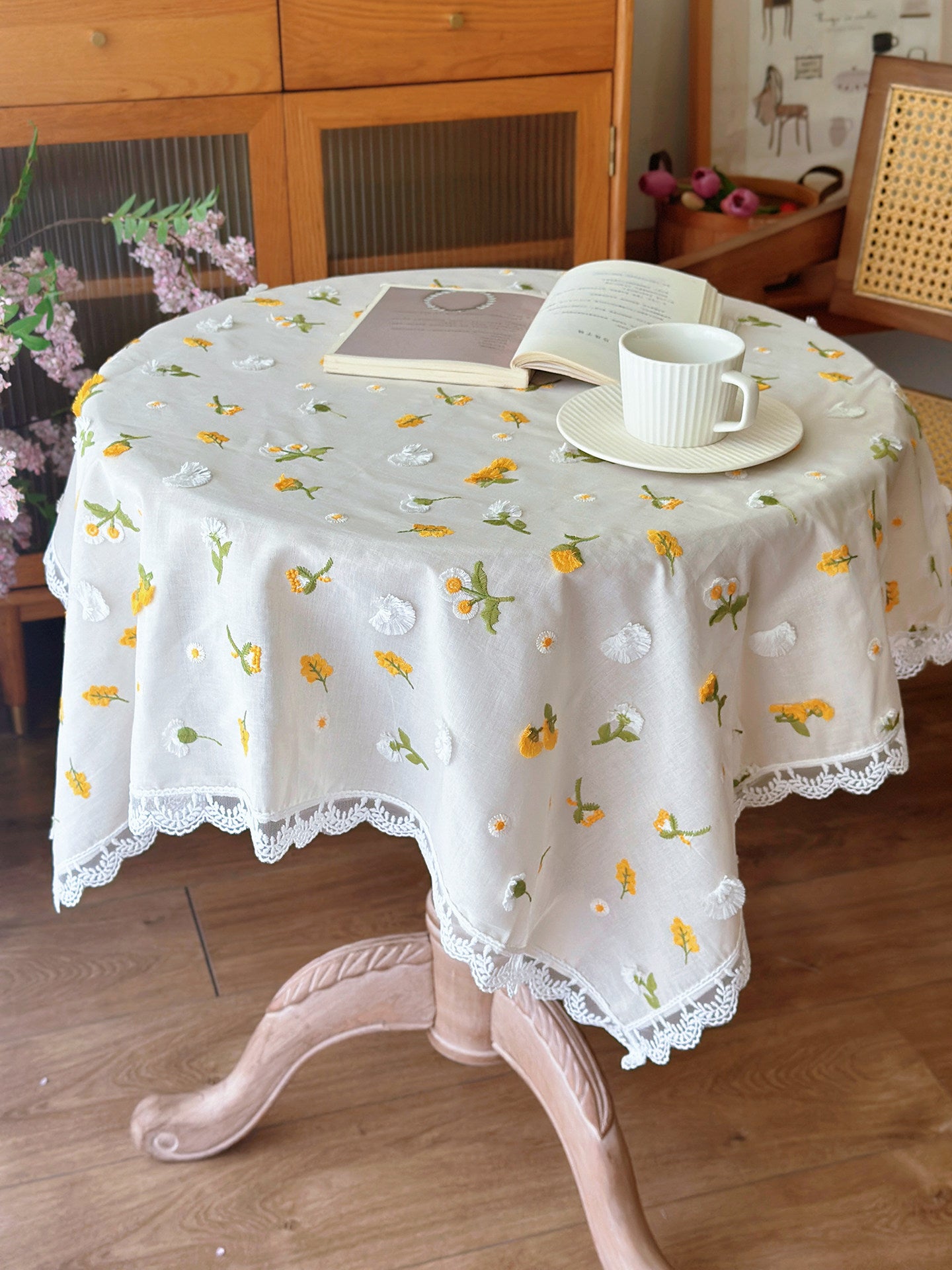 Small Daisy Embroidered Tablecloth, French Floral Cotton Table Cover