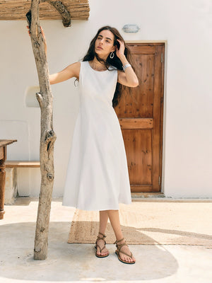 Sculpted sleeveless A-line dress in soft yellow-white