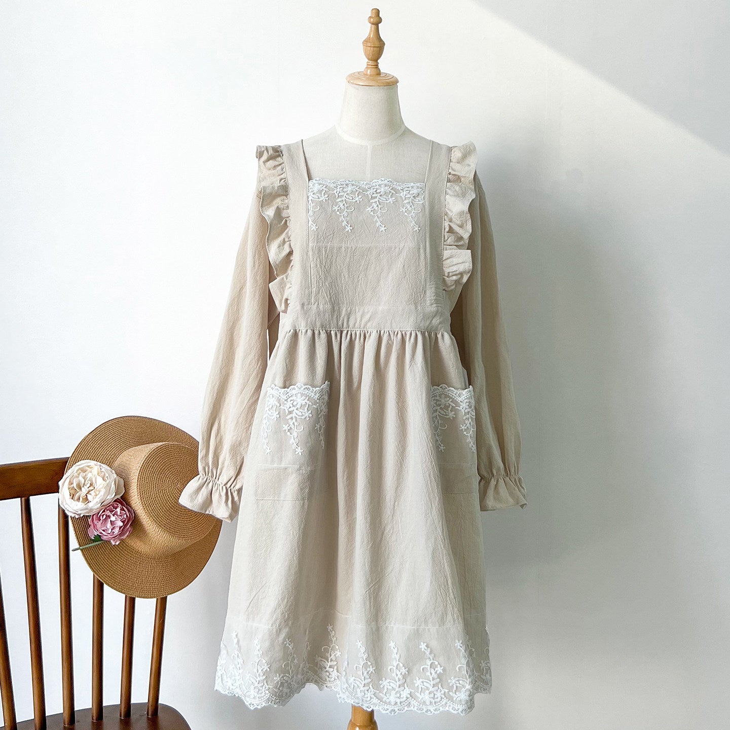 French Princess-Style Cotton Apron, Cute Cottagecore Kitchen Workwear
