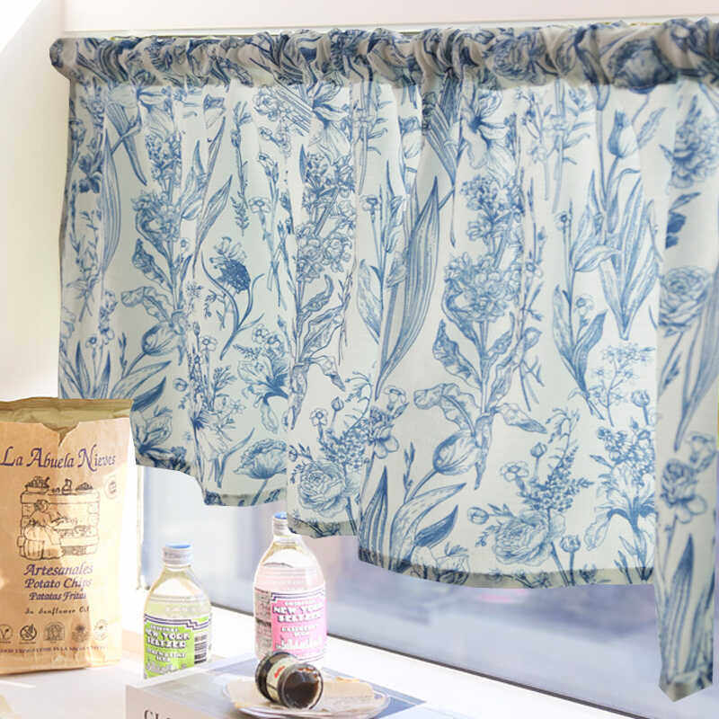 Blue and White Porcelain Cafe Curtain, French No-Drill Half Door Curtain