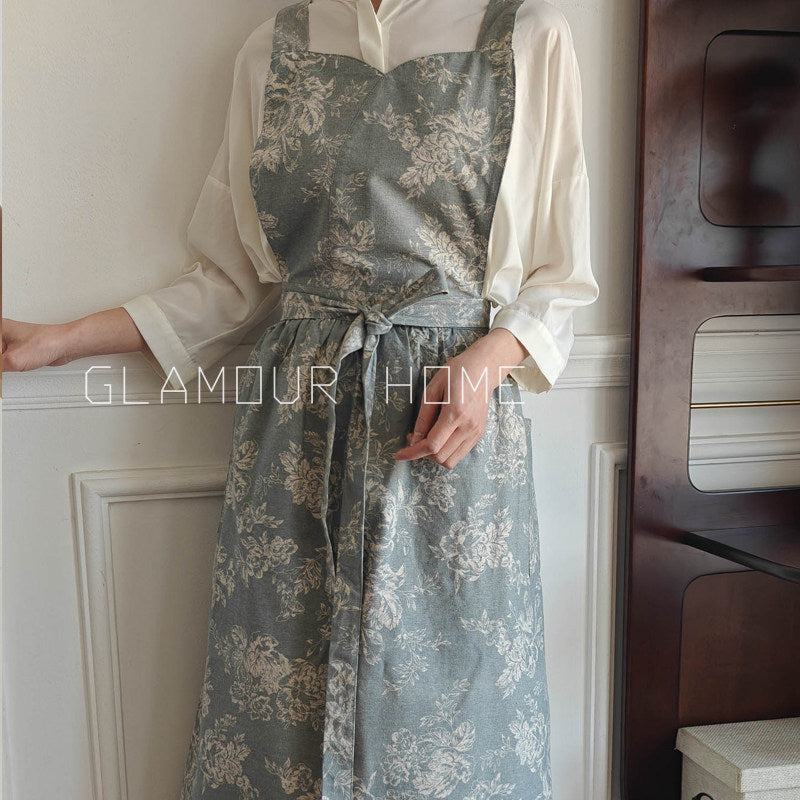 French Linen Suspender Apron, Floral Waterproof Kitchen Wraparound