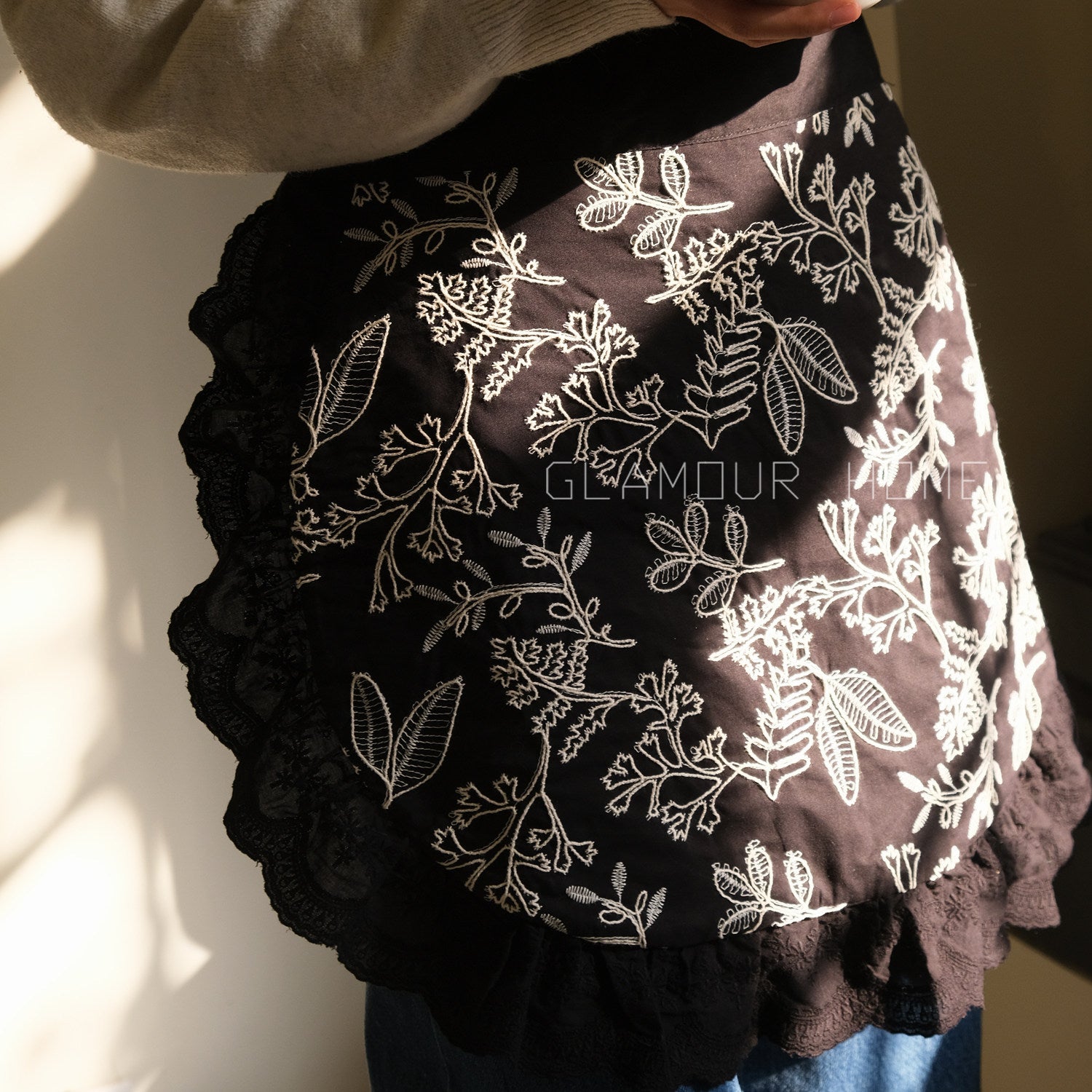 French Cotton Embroidered Half Apron, Waterproof Vintage Floral Skirt