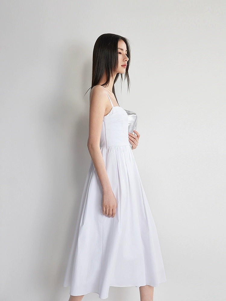Back view of A-line white dress with slim straps