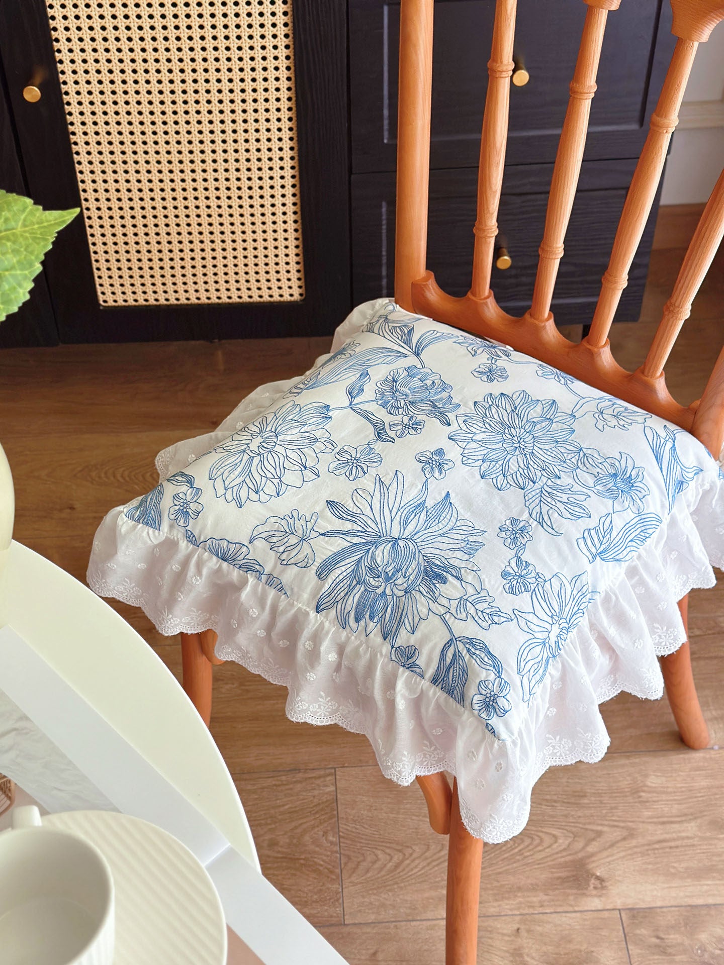 French Embroidered Lace Chair Cushion, Cotton Linen Dining Seat Pad
