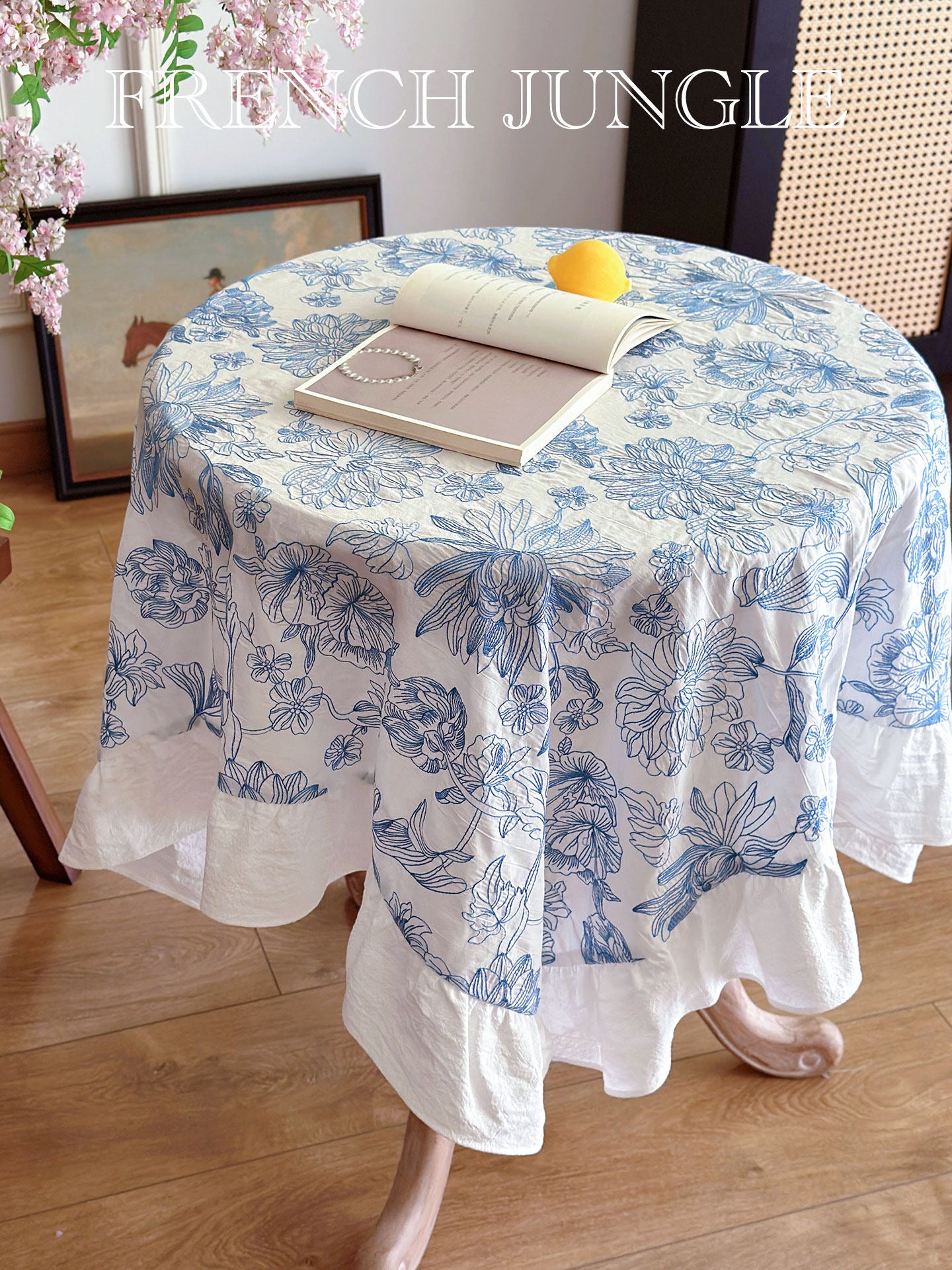 Blue and White Porcelain Tablecloth, Embroidered French Dining Cover