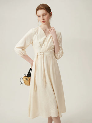 Elegant v-neck jacquard midi dress with puff sleeves