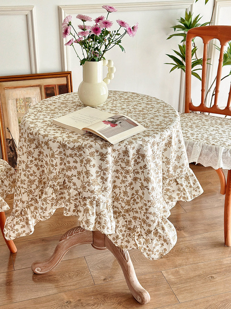 Pastoral Floral Tablecloth, French Vintage Ruffle Dining Cover