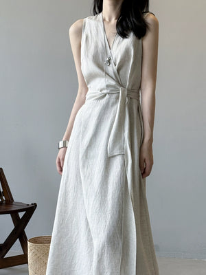 Korean-style linen maxi dress with cross-waist tie
