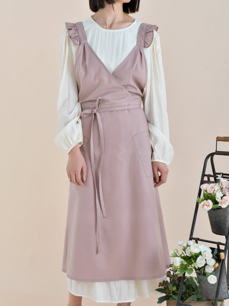 French Water-Repellent V-Neck Apron, High-Waist Floral Ruffle Workwear