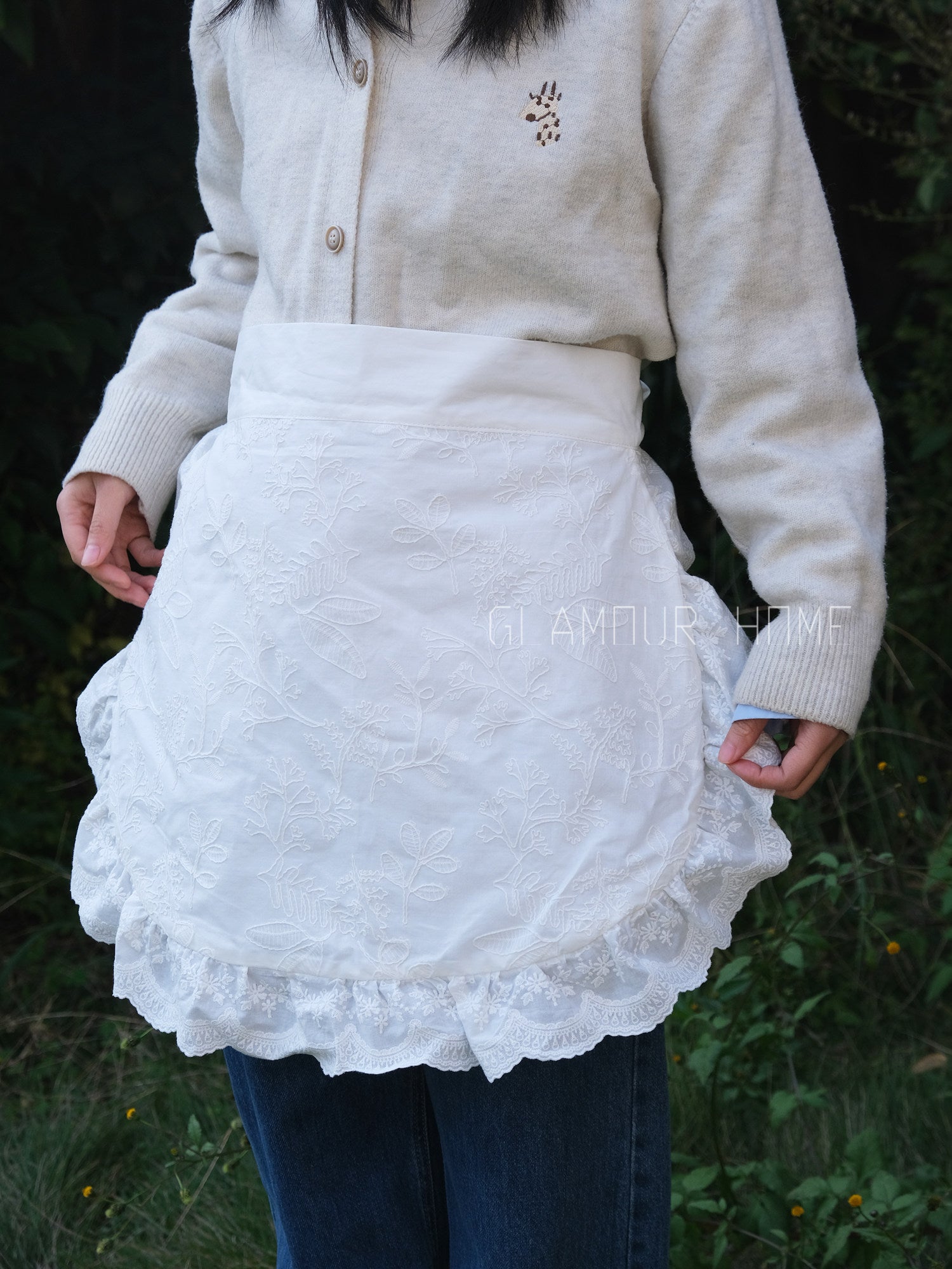 French Cotton Embroidered Half Apron, Waterproof Vintage Floral Skirt