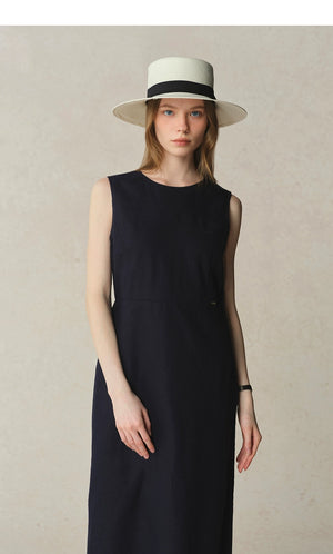 Front view of sleeveless linen-blend dress in white