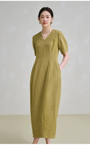 Back slit and hidden zipper detail on linen midi dress