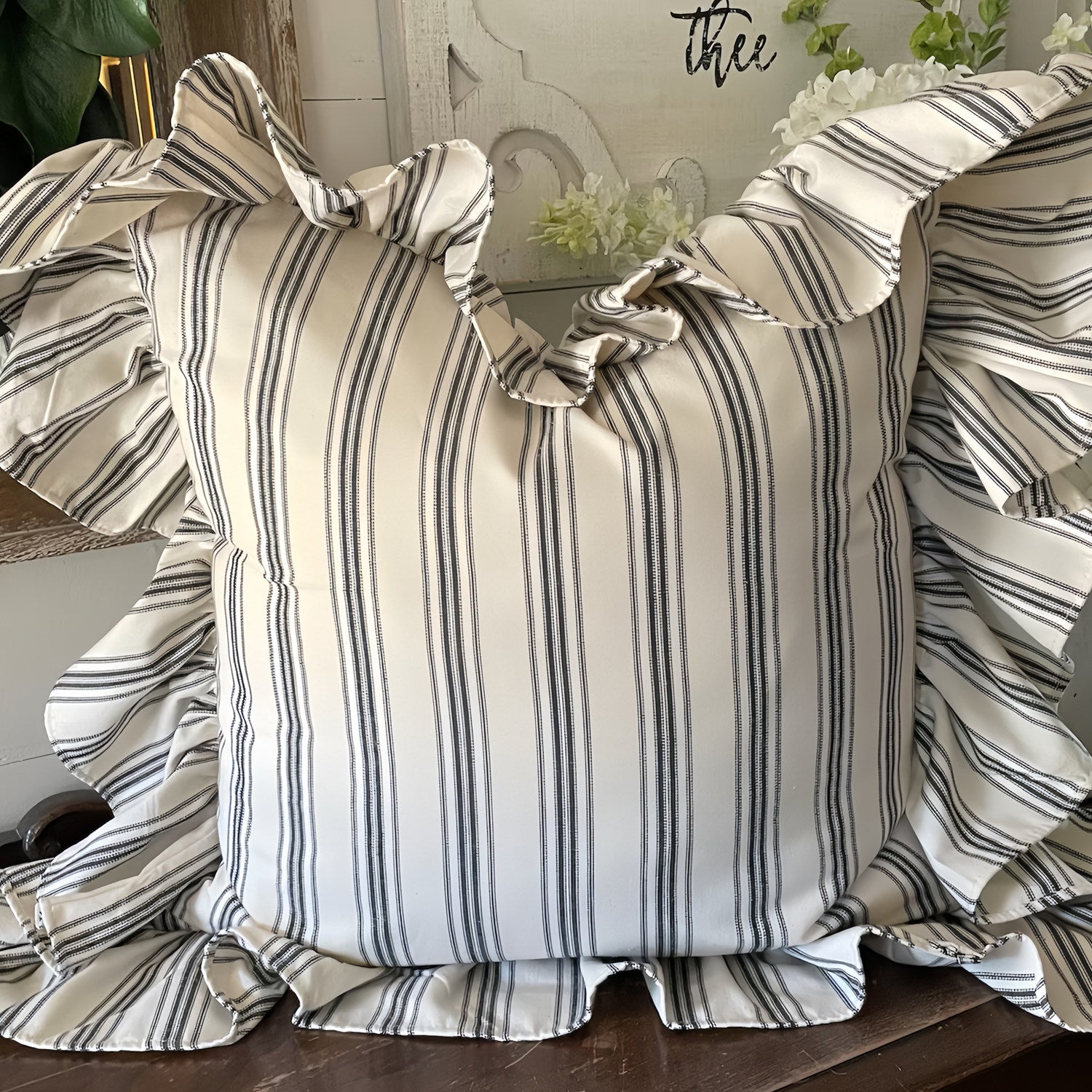 Striped French Country Pillow Cover, Vintage Washed Cotton Cushion