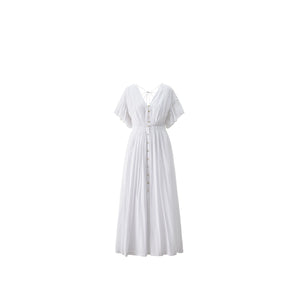 Full-length view of white ruffle sleeve maxi dress by taileroom