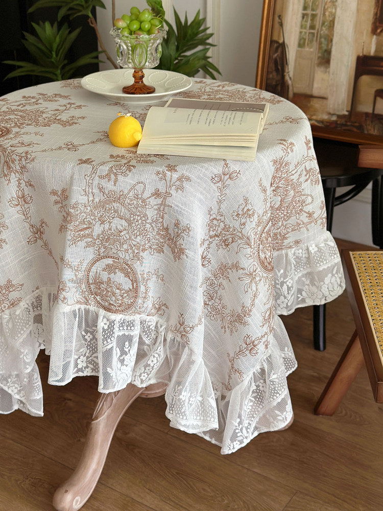 Mocha Lace Tablecloth, French Floral Cotton Dining Table Cover